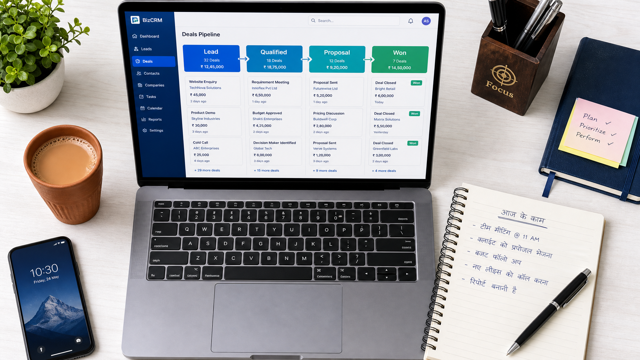 CRM deal pipeline dashboard with chai and Hindi notes on a desk