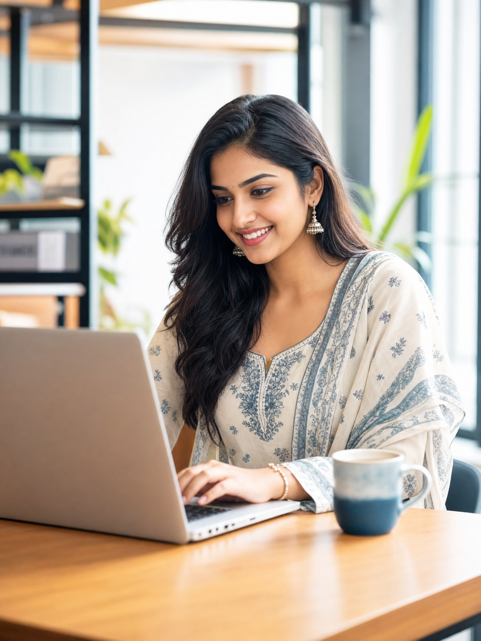 Indian businesswoman using MunshiJi CRM on her laptop in a modern workspace