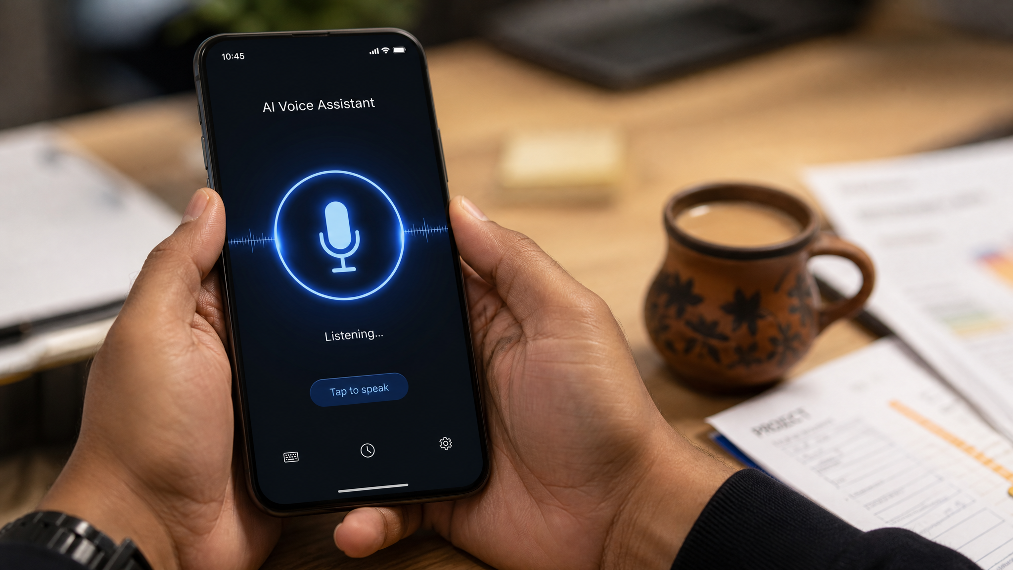 Hands holding a phone with voice input microphone active